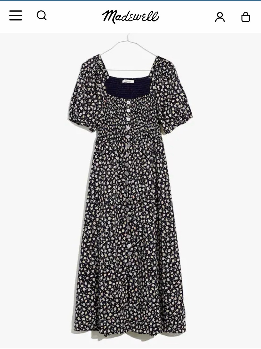 Madewell Black Floral Smocked Maxi Dress with Puff Sleeves
